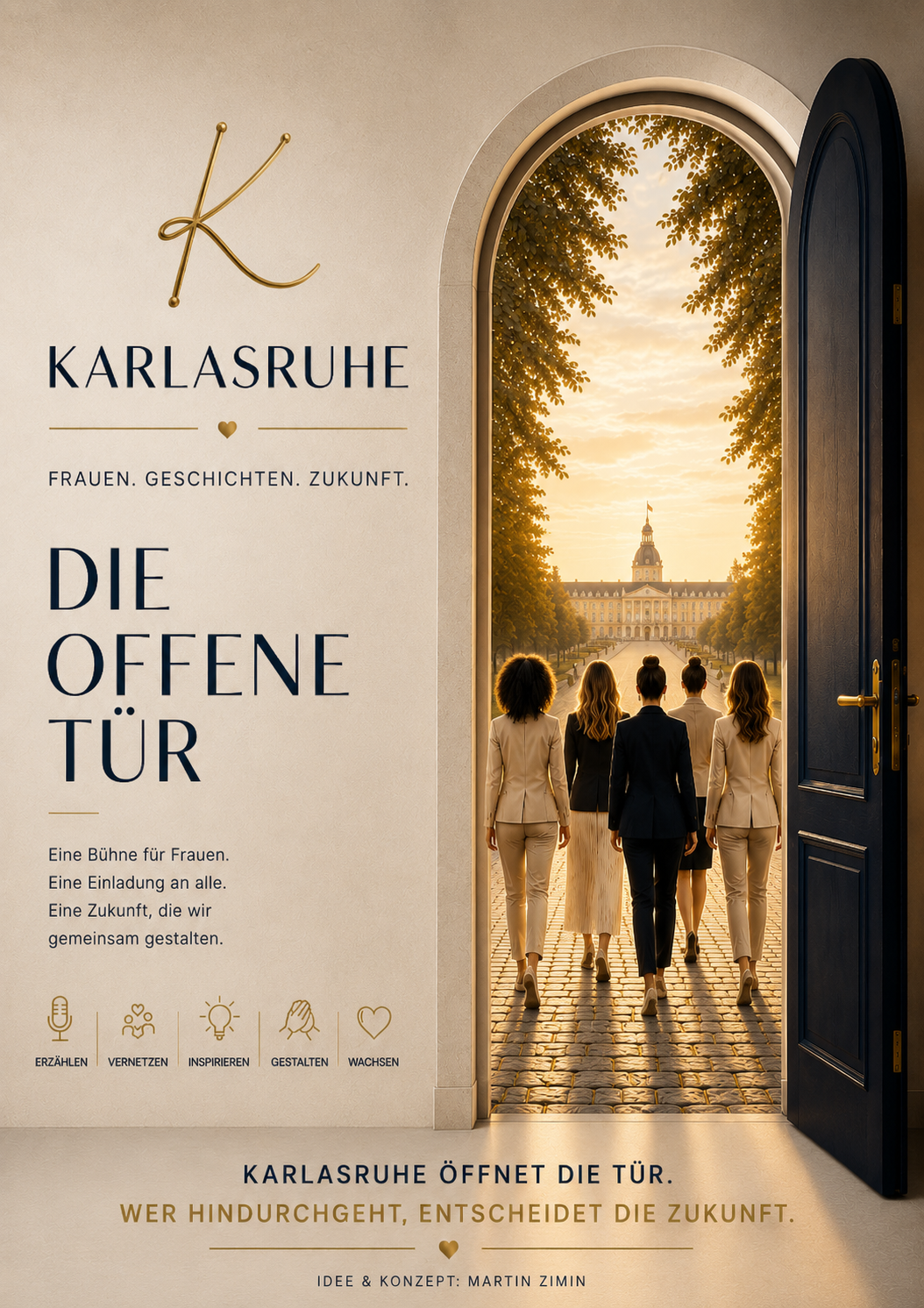 Karlasruhe – Die offene Tür. Frauen gehen gemeinsam Richtung Karlsruher Schloss.